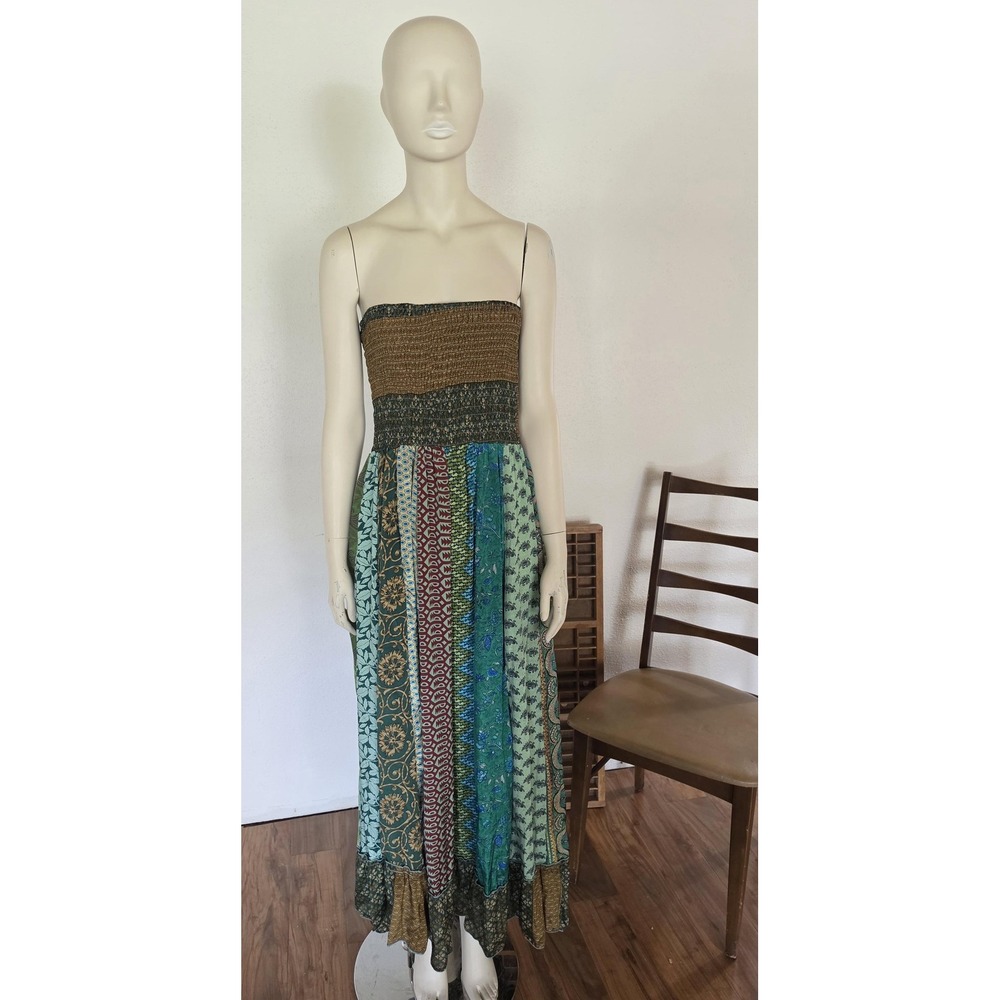Multicolor Goblincore Boho Folk Festival Patchwork Halter Dress Hippie Fairycore